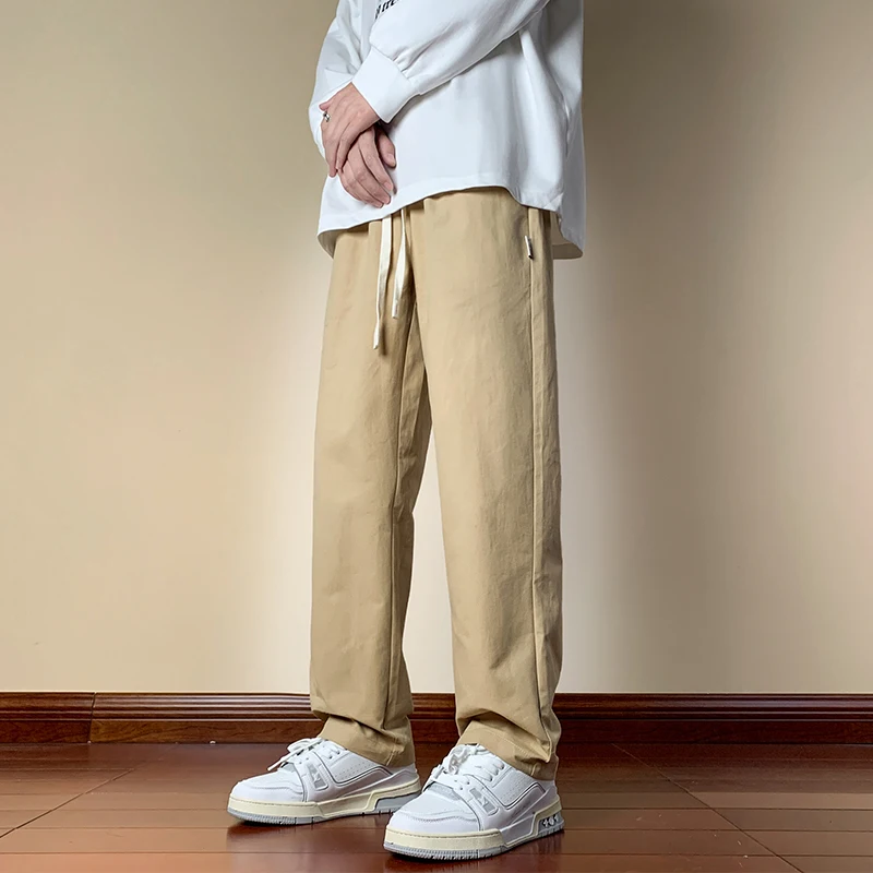 

Oversized Casual Pants Men Breathable Cotton Drawstring Baggy Trousers Classic Straight Trousers Solid khaki Pants Male