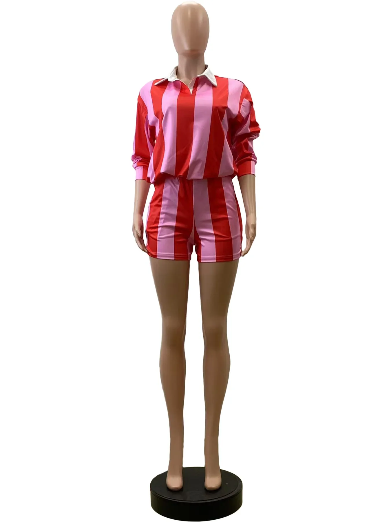 مجموعة مخططة مكونة من قطعتين، مجموعة من الأعلى وسروال قصير عالي الخصر بدون جهد للنساء