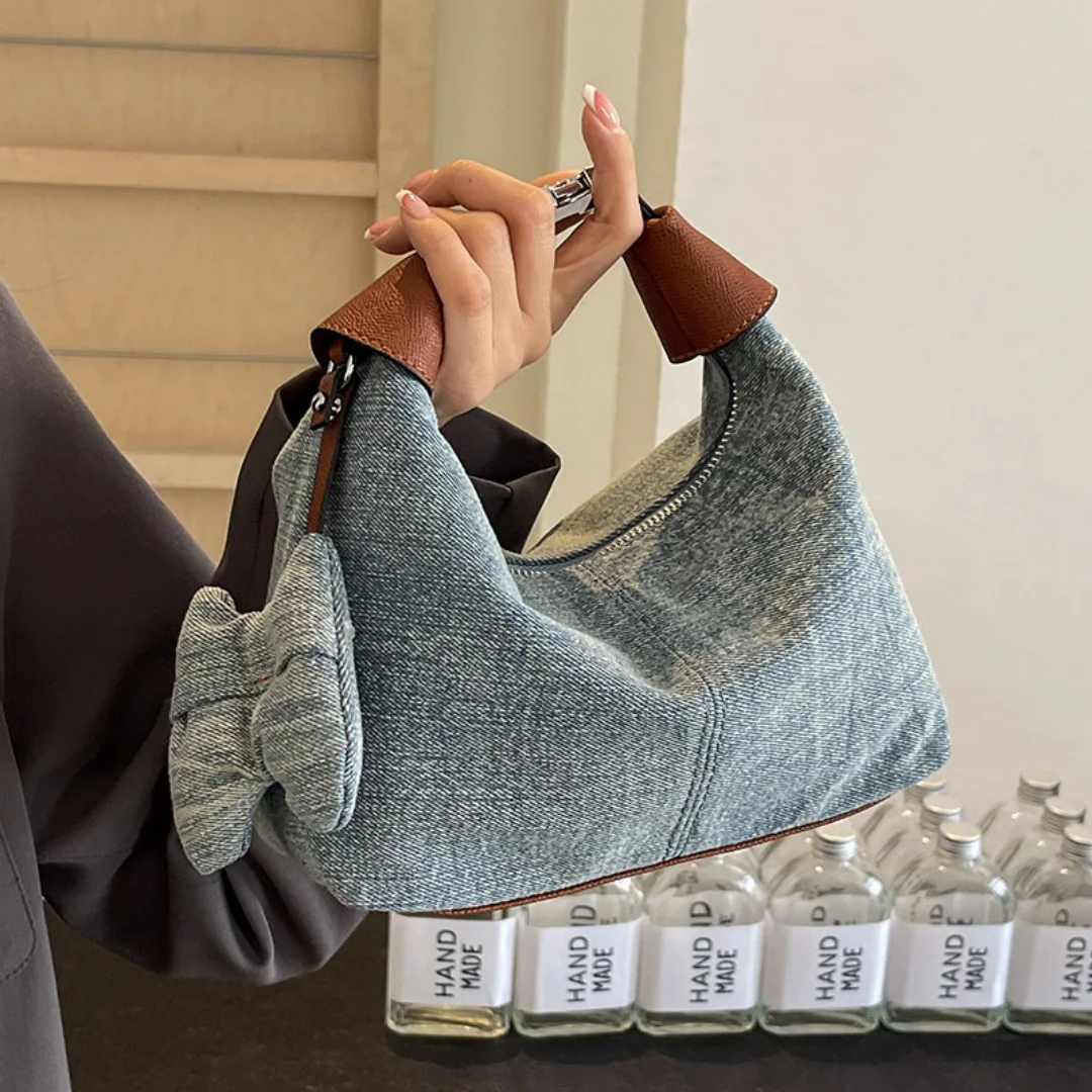 Vintage Washed Denim Dumpling Bag with Leather Handle for Women Girls Daily Commute School Retro Jean Crossbody Shoulder Purse