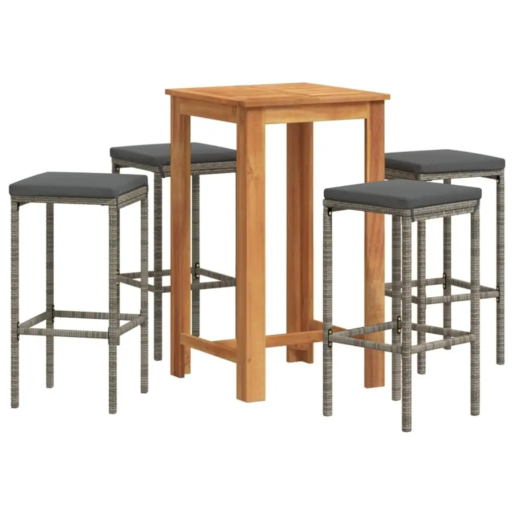 5-Piece Gray Acacia Wood & Poly Rattan Patio Bar Set - Stylish Outdoor Furniture