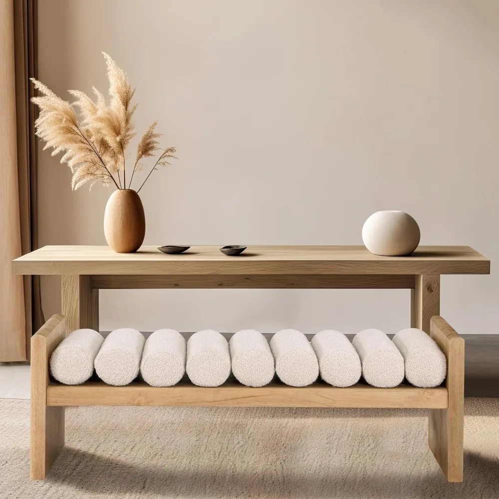 

179Cream Waverly Collection Modern | Contemporary Bench with Solid Wood Rich Natural Finish, Luxurious Cream Boucle Fabric