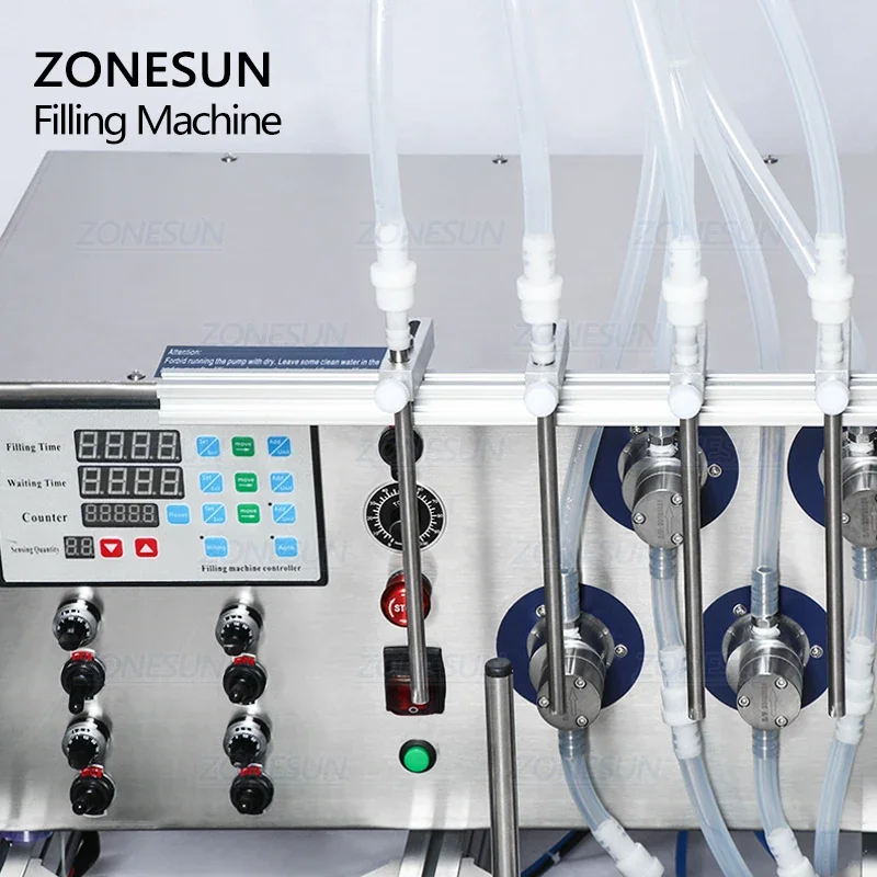 ZONESUN 4 Diving Nozzles Magnetic Pump Automatic Desktop CNC Oil Liquid Water Filler With Conveyor For Perfume Filling Machine