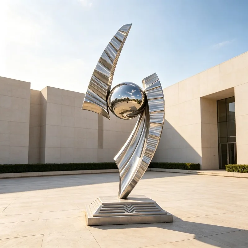 Modern Abstract Double Blade Sphere Mirror Stainless Steel Sculpture Custom Art Statue For Outdoor Park Garden Waterside Decor