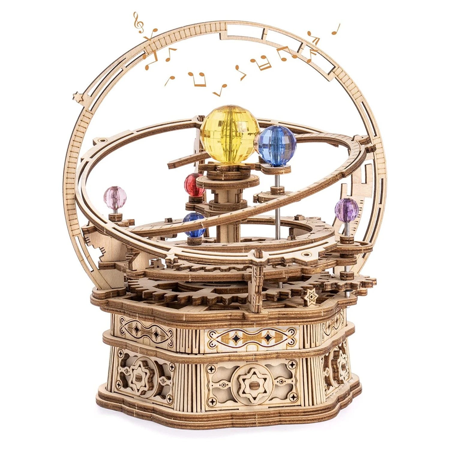 ROKR Wooden 3D Puzzle - Rotating Starry Sky Music Box Mechanical Craft Kit Solar System Model Building Kit 84-Piece Assembly Toys DIY Gift for Adults