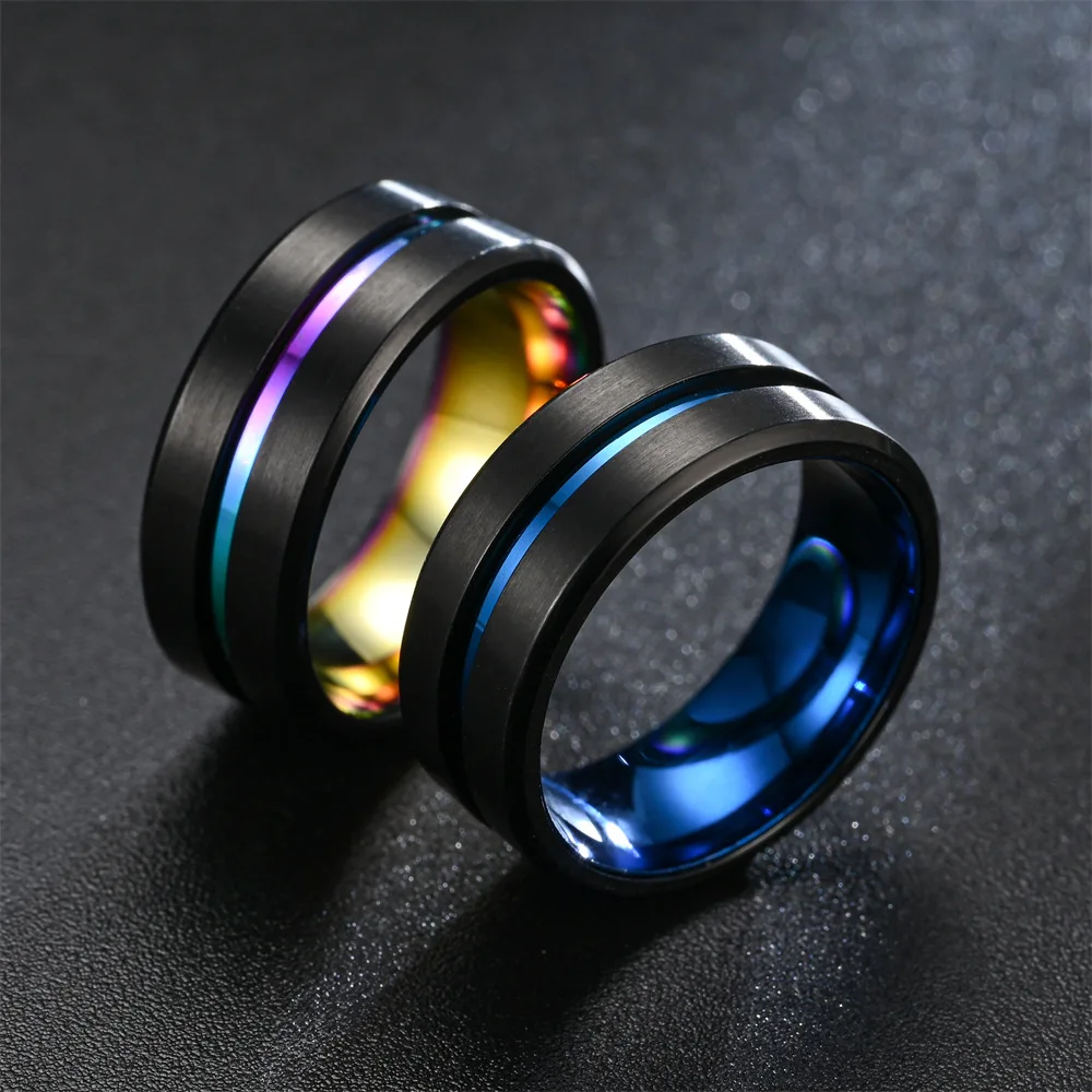 8MM Men's Wedding Ring Fashion Color Pair Cool Ring Stainless Steel Blue Gold Colorful Men's Charm Jewelry Commemorative Gift