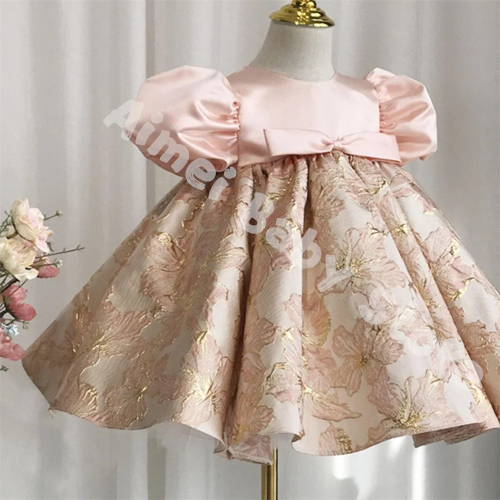 Children's 1st Birthday Baptism 2023 New Summer Cute Lolita Girl Bow Knot Bubble Sleeves Elegant Toddler Kids Princess Dress