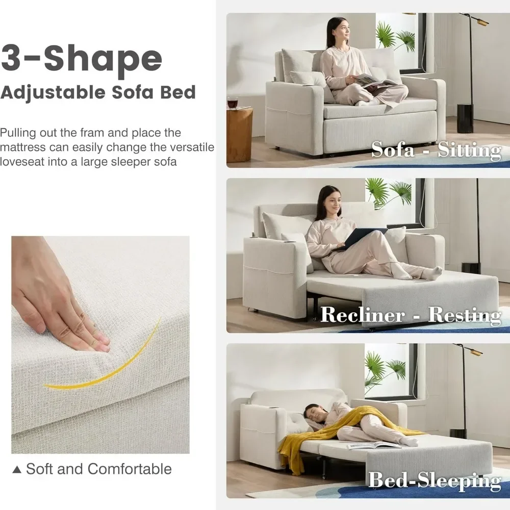 أريكة قابلة للسحب 3 في 1، سرير أريكة قابل للتحويل مقاس 56 بوصة، مقعد مع حاملات أكواب، جيوب تخزين، USB، أرائك أريكة لـ L