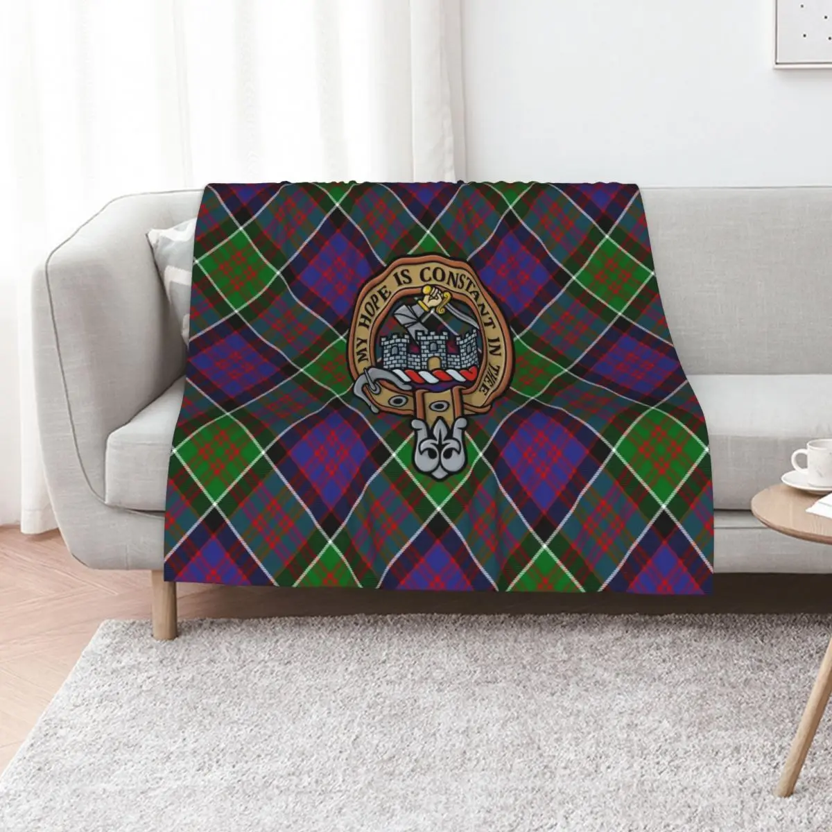 Clan MacDonald of Clanranald Crest over Tartan Throw Blanket Designers Winter beds Vintage Stuffeds wednesday anime Blankets