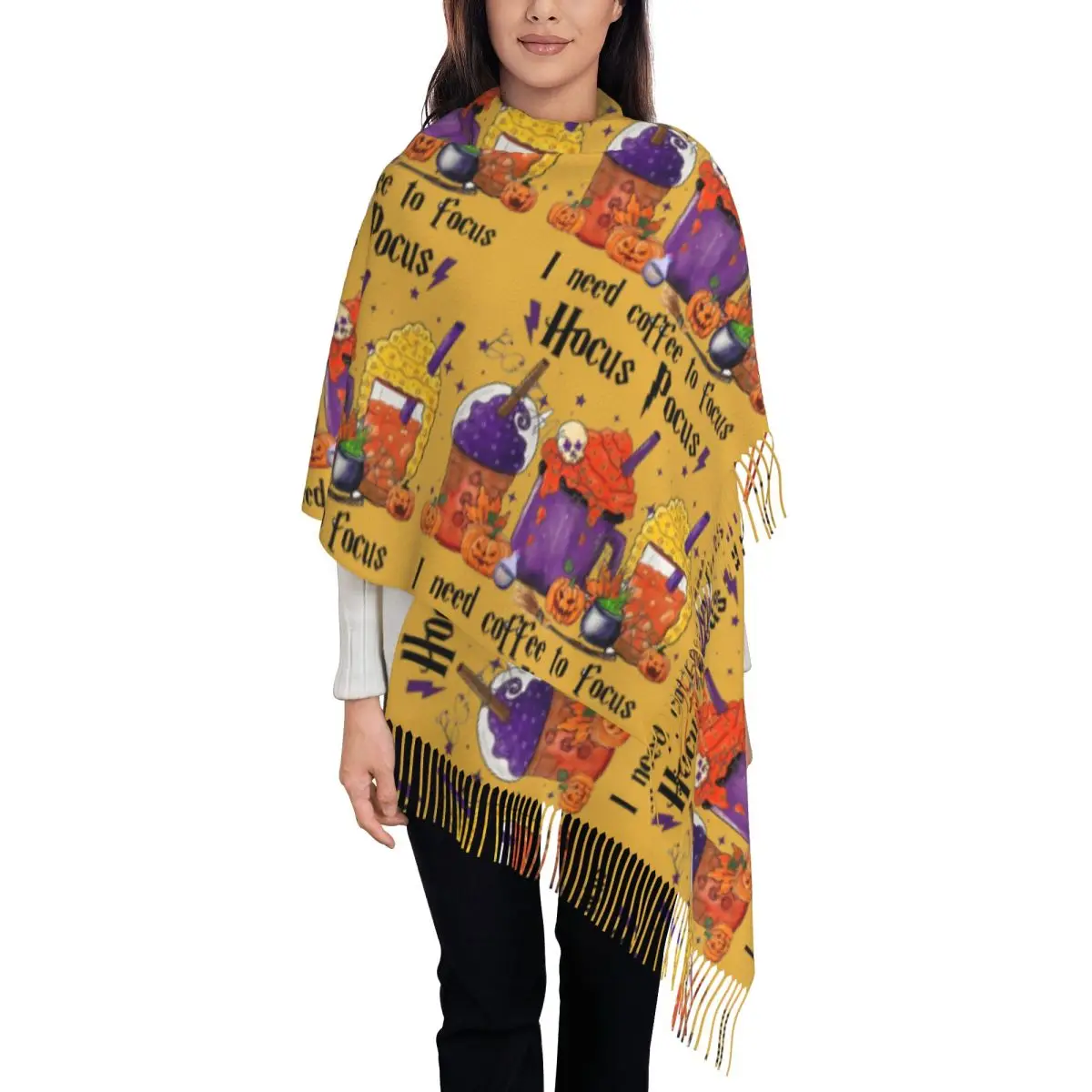 Custom Hocus Pocus I Need Coffee To Focus Tassel Scarf Women Winter Fall Warm Shawl Wrap Lady Scarves