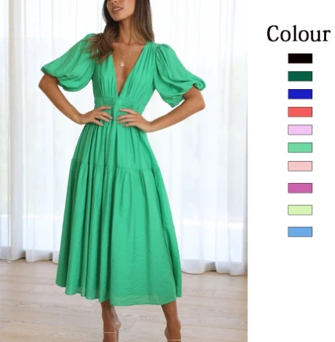 Dress women's fashionable casual elegant dress 2024 autumn new V-neck waist cinched mid length skirt shipped within 48 hours