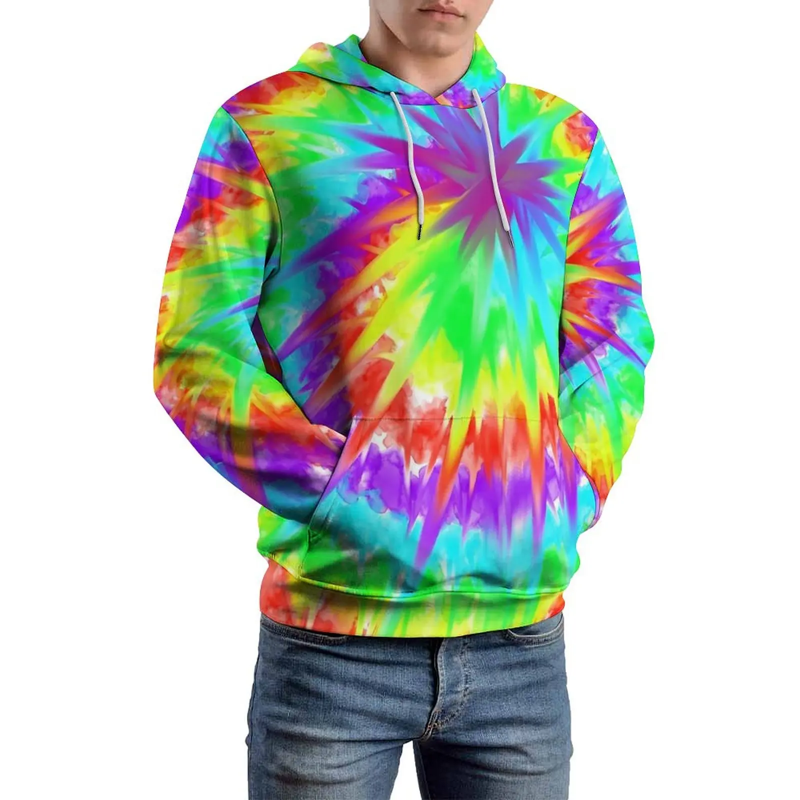 Bright Tie Dye Loose Hoodies Colorful Swirl Street Fashion Hoodie Men Long Sleeve Kawaii Custom Hooded Sweatshirts Big Size