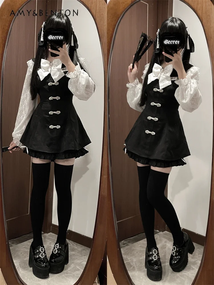 Conjunto de vestido de Jacquard de la serie Mine japonesa, conjunto de dos piezas con cuello de muñeca Lolita, vestido con manga acampanada y lazo, pantalones cortos para mujer