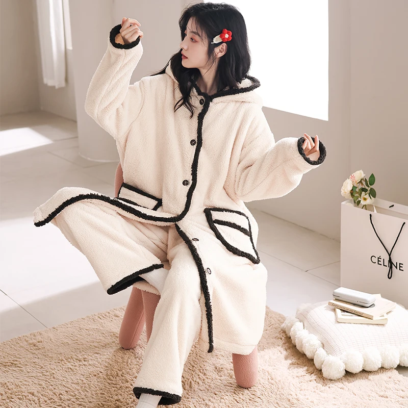 Autumn Winter New Coral Fleece Pajamas Women Hooded Cardigan 2 Pieces Pajamas for Women Simple Solid Color Pajamas for Girls