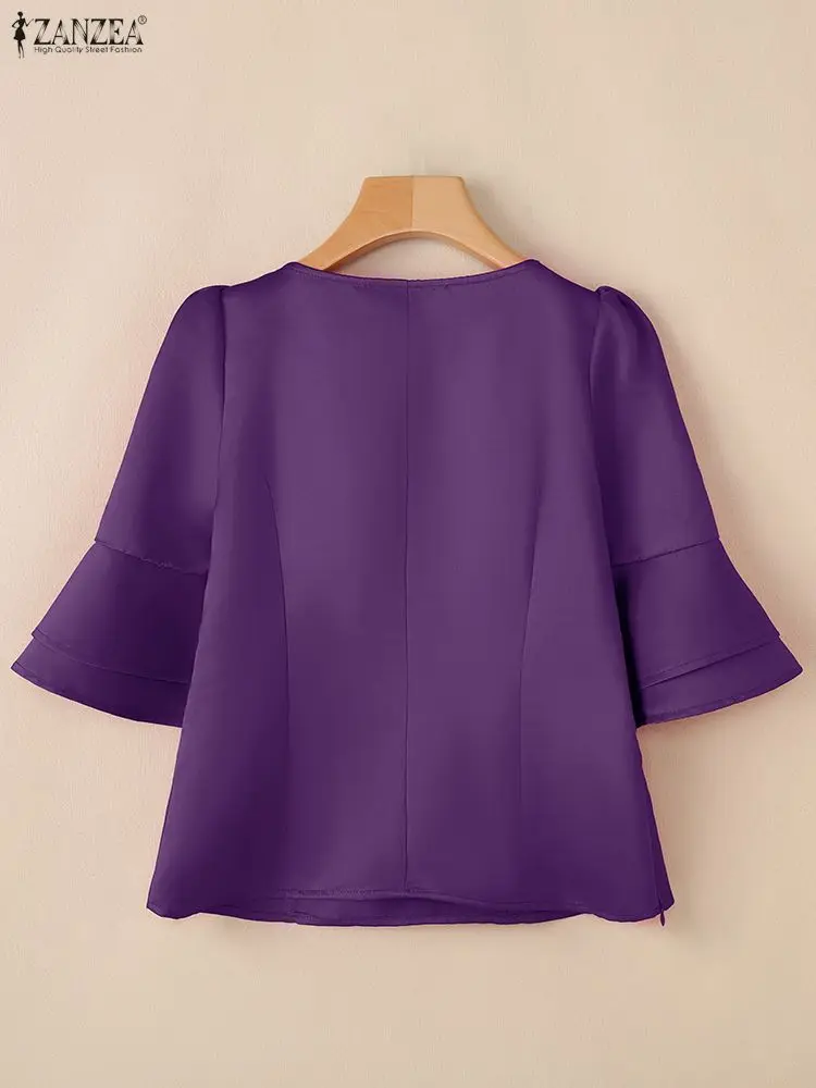 Frauen Satin Blusen Frühling 2026 Elegante Chic Square Neck Layered Ausgestellte Ärmel Solide Ausgestattet Taille Tops ZANZEA Frau Kleidung 3XL