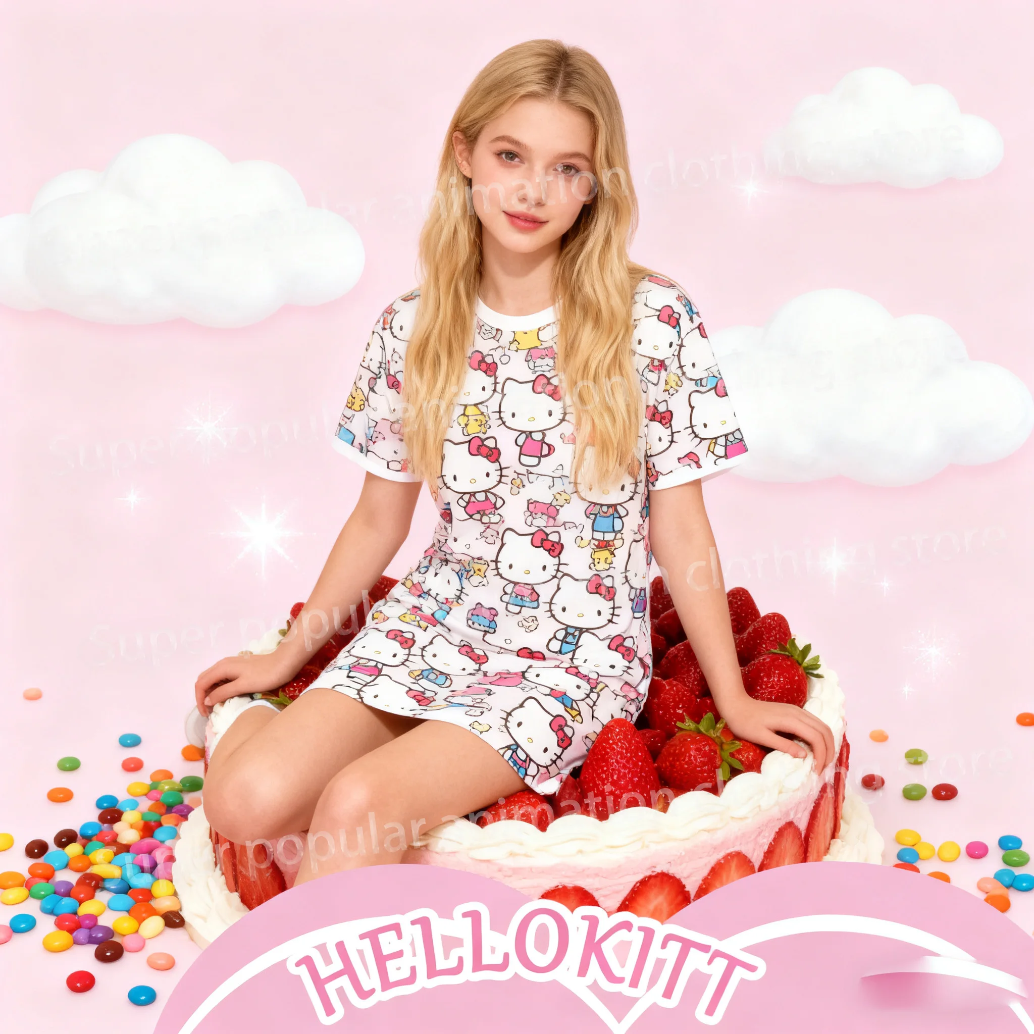 

Hello Kitty 3D Print Dress Cute Cartoon Short-sleeved O-neck T-shirt Dress Fashionable Nightdress Basic Daily Wear Holiday Gifts