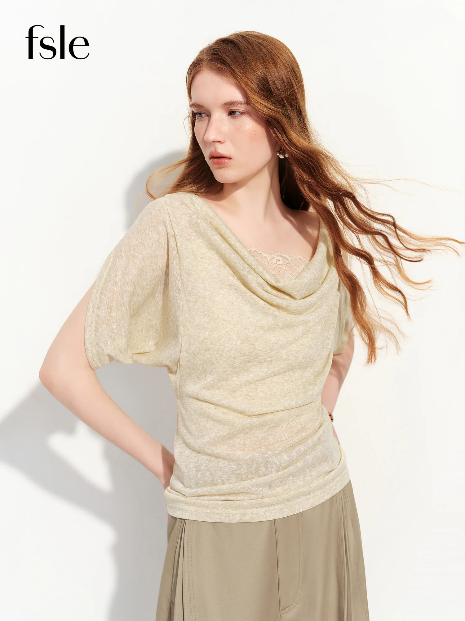 FSLE Elegantes, schmal geschnittenes Leinen-T-Shirt mit kurzen Ärmeln und Swing-Kragen – Neuer Sommerstil für Damen 2026 mit Spitzen-Patchwork-Design