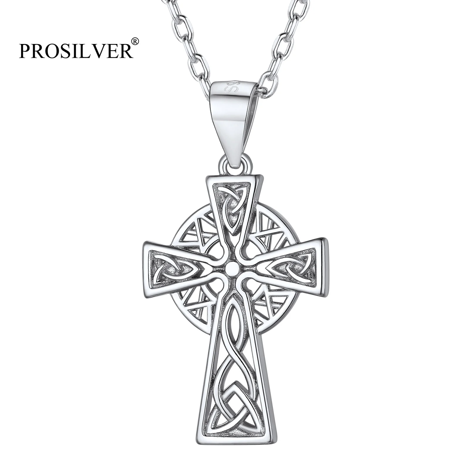 PROSILVER Celtic Jewelry Irish Gifts 925 Sterling Silver Cross Necklaces for Women Girl with 18inches Link Chain PYP15117B