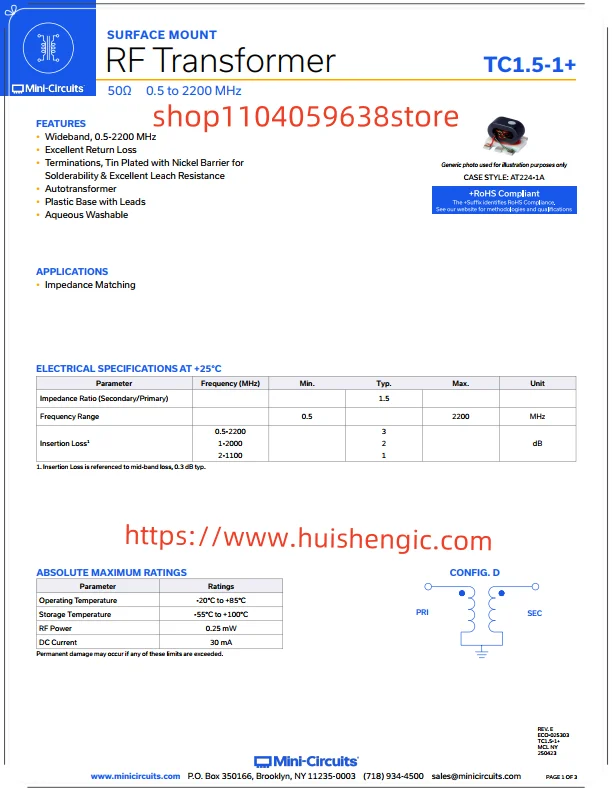 TC1.5-1+     RF balun transformer 500kHz ~ 2.2GHz 1:1.5 5-SMD module