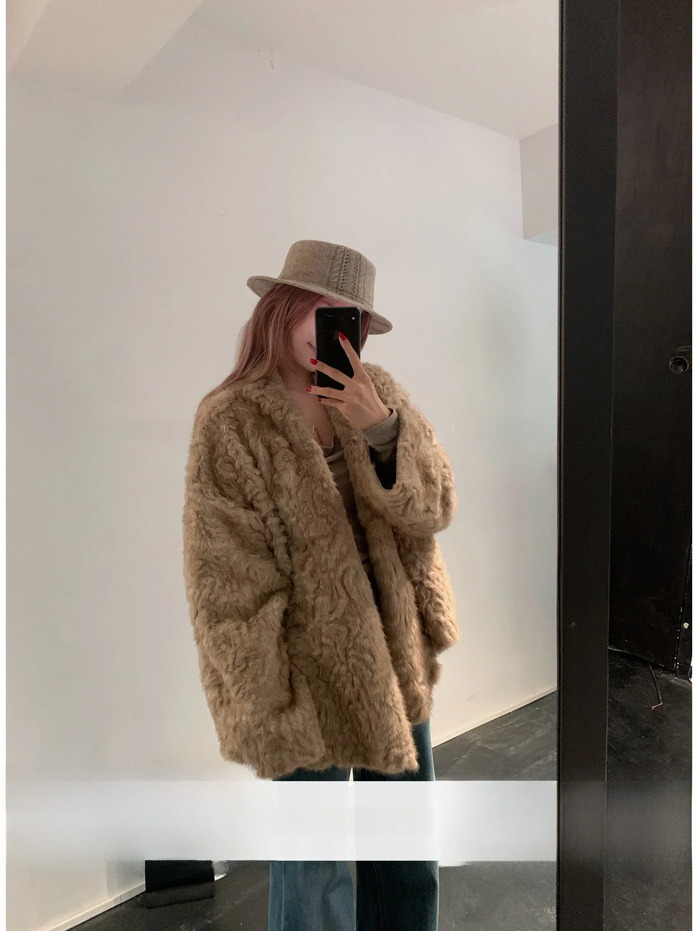 

LILI Miss Cry eepskin Fur Jaet Eco-Friendly Inteated Leather And Fur Outerwear Long Sve V-Ne Mid-Length Coat