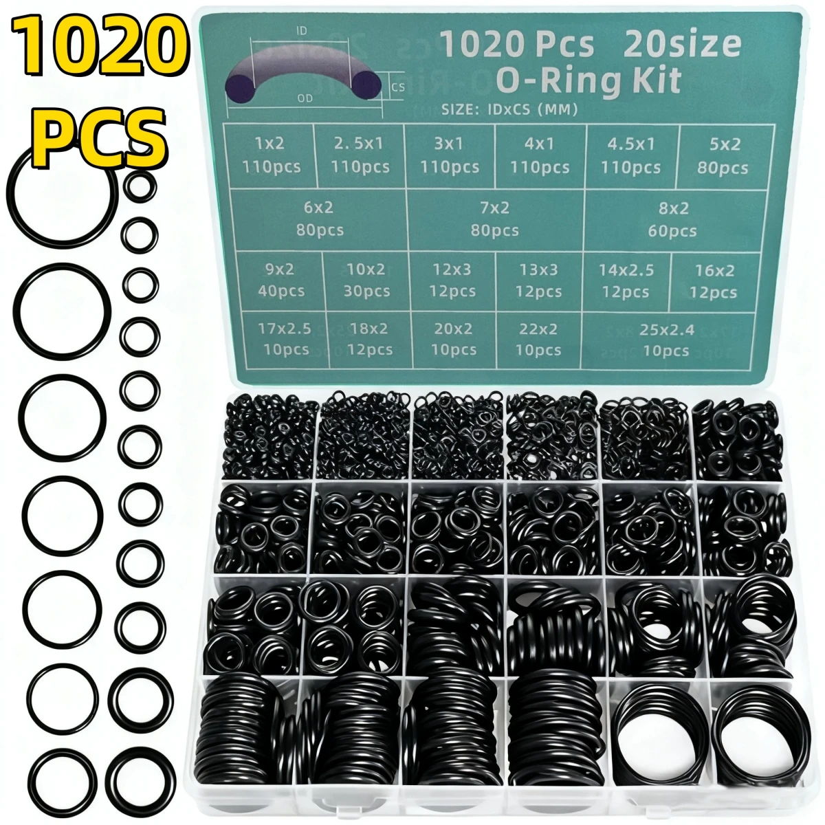 Kit de Reparo de Anéis de Vedação de Nitrilo (O-Rings) em Caixa com 1020 Peças para Reparo Automotivo, Torneiras, Tubulações e Vedação de Gás/Ar