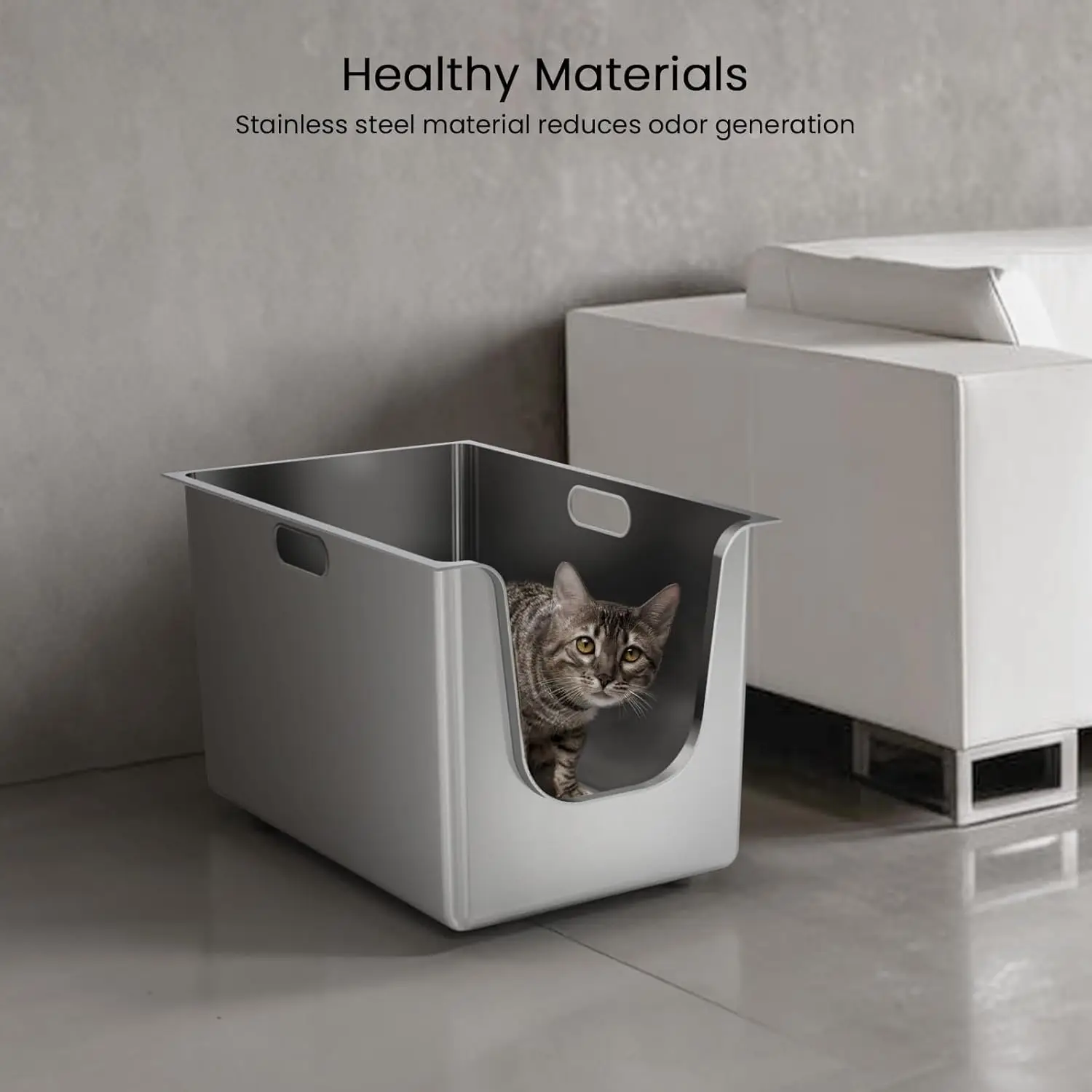

Stainless Steel Litter Box 13.7'' High Sides, XL Metal Cat Litter Box with Curved Low Entry