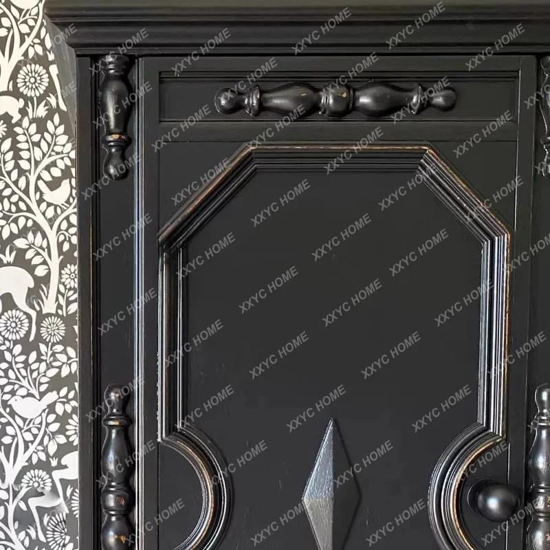 Retro solid wood wine cabinet dining side cabinet integrated against the wall living room high cabinet storage black side