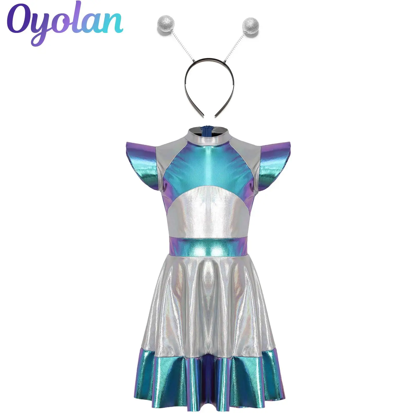 

Girls Glossy Metallic Outer Space Cadet Cutie Alien Dress Robot Astronaut Alien Cosplay Costume for Theme Party Halloween