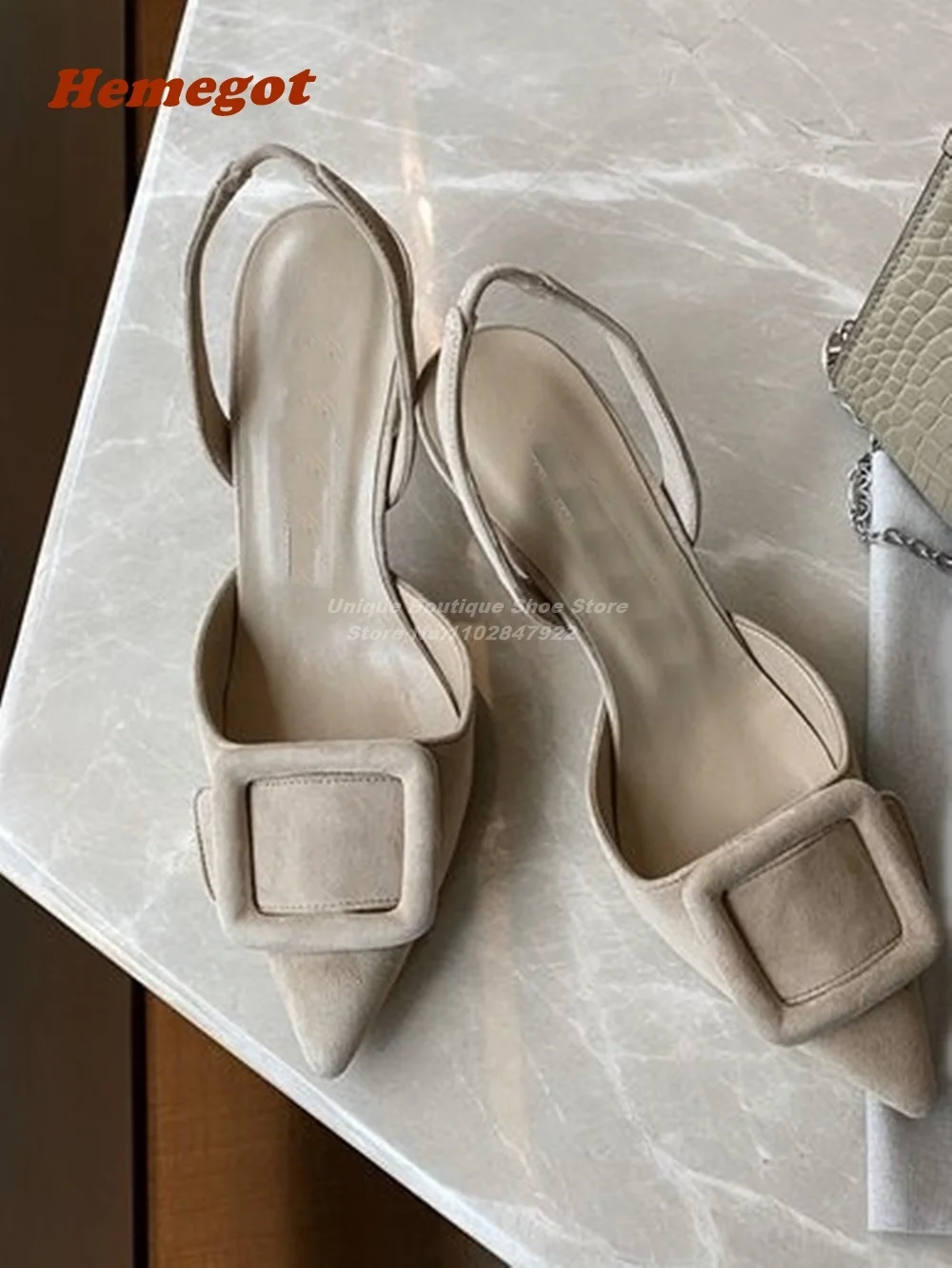 Bombas puntiagudas con hebilla azul para mujer, tacones de gatito con correa trasera, sin cordones de gamuza, zapatos de boda de fiesta, talla grande