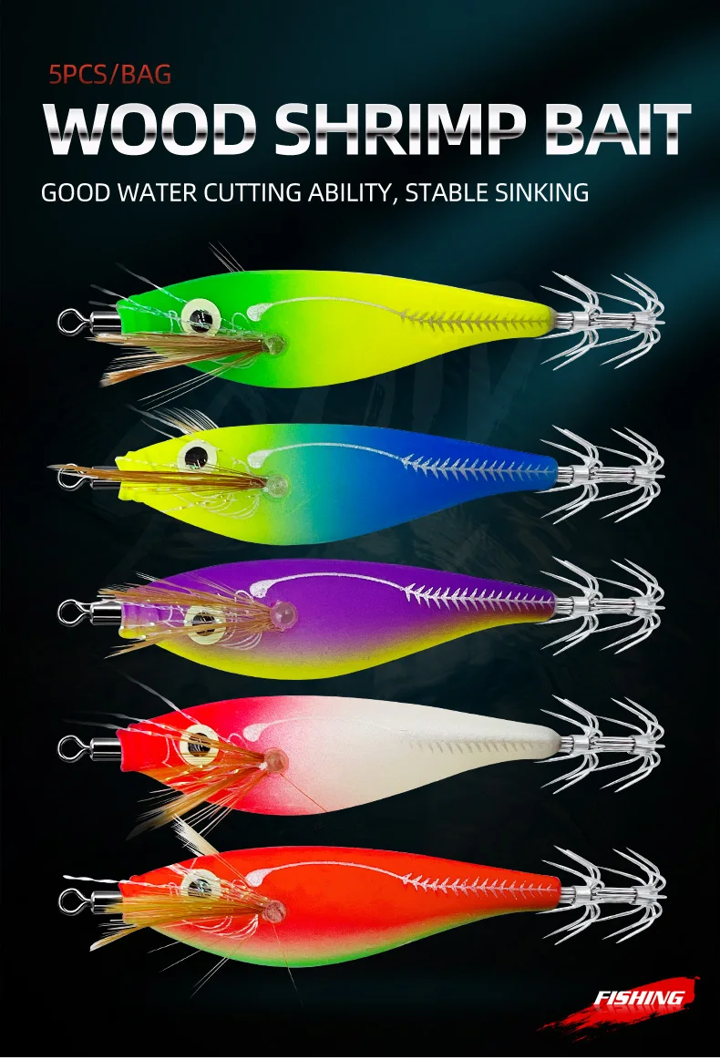 ShareShark 8,5/9,5cm Leuchtende Horizontale Jig-Holzgarnelen-Tintenfischhaken 5 Stück Angelköder Oktopus Tintenfisch Garnelen Salzwasserköder – Detail 1
