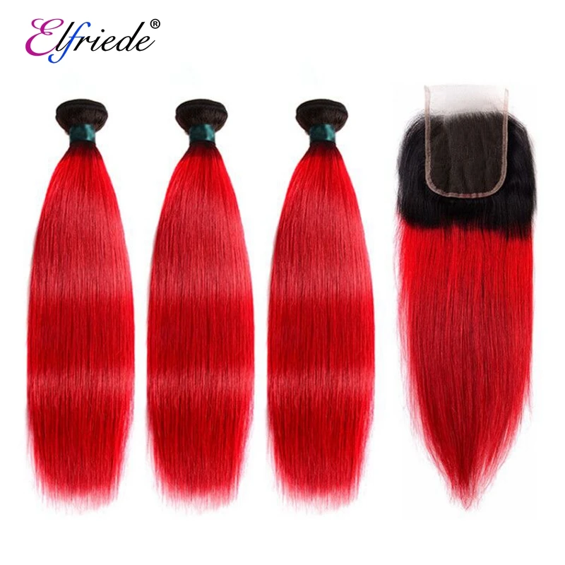 Elfriede #T1B/Red Straight Ombre Colored Hair Bundles with Closure 100% Remy Human Hair Weaves 3 Bundles with Lace Closure 4x4