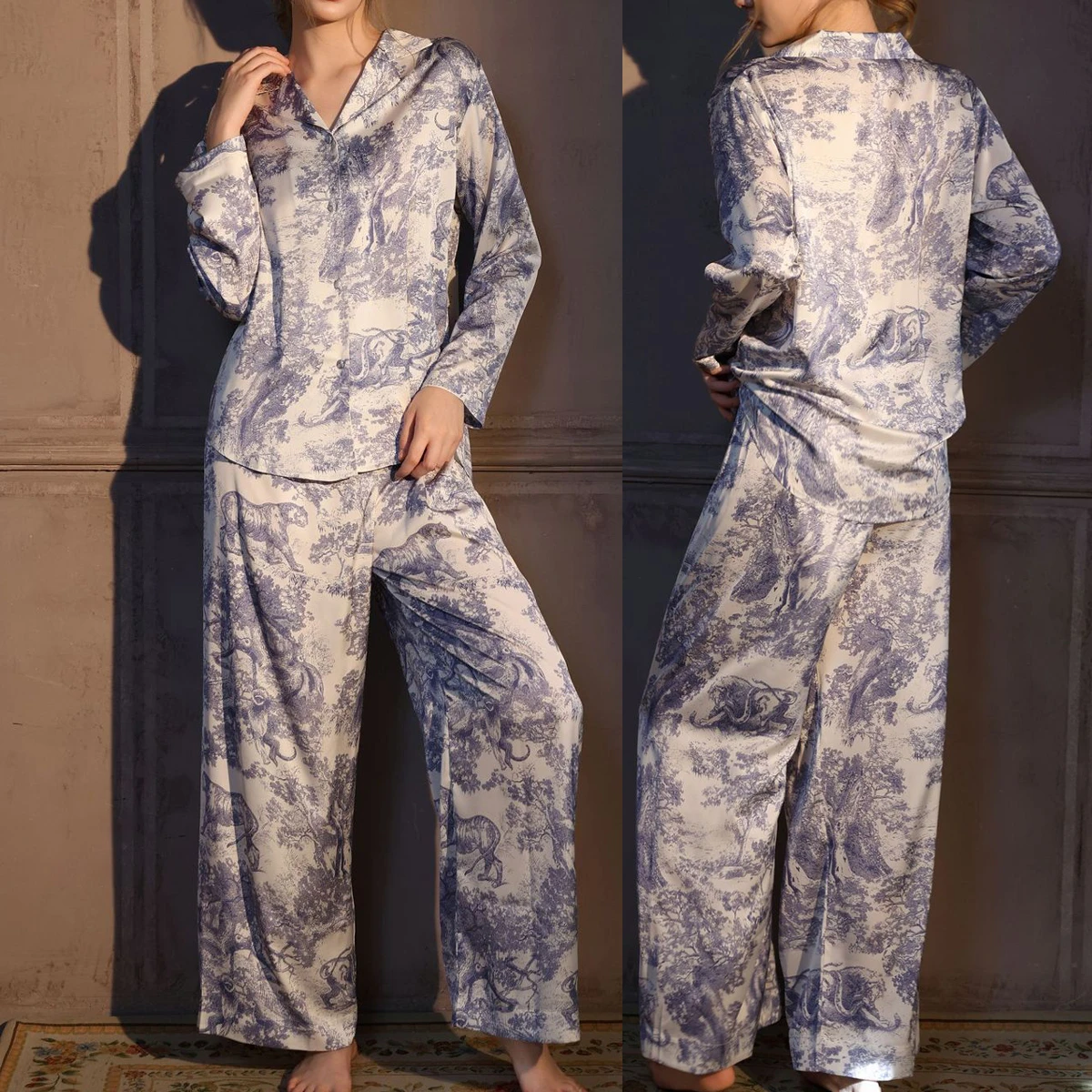 Russia Popular Pajamas Set Women's Nightwear Tiger Printing Top Pants Ice Silk Home Sleepwear Loose 2 Piece Suit Loungewear PJS