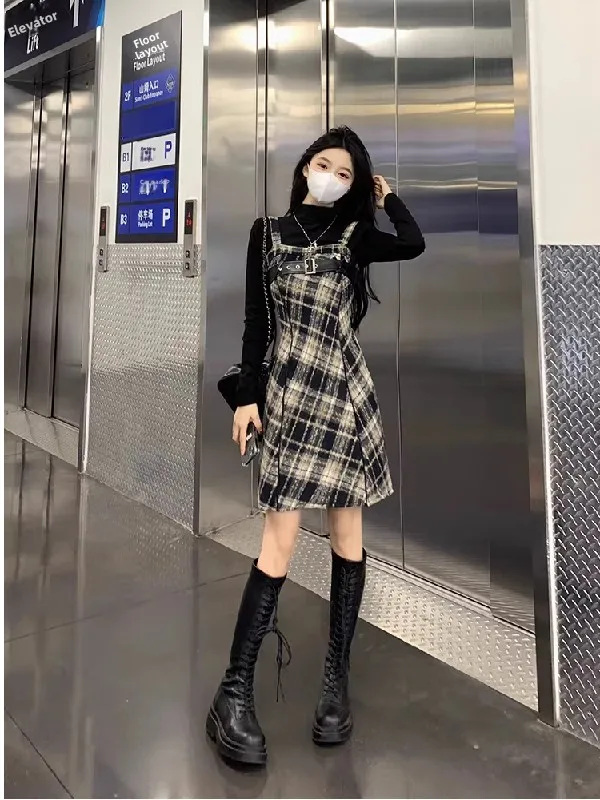 

Fashionable Plaid Layered Strap Dress Set Spring Autumn Women's plus Size Inner Wear Base Top Two Piece Set High Waist A-Line...
