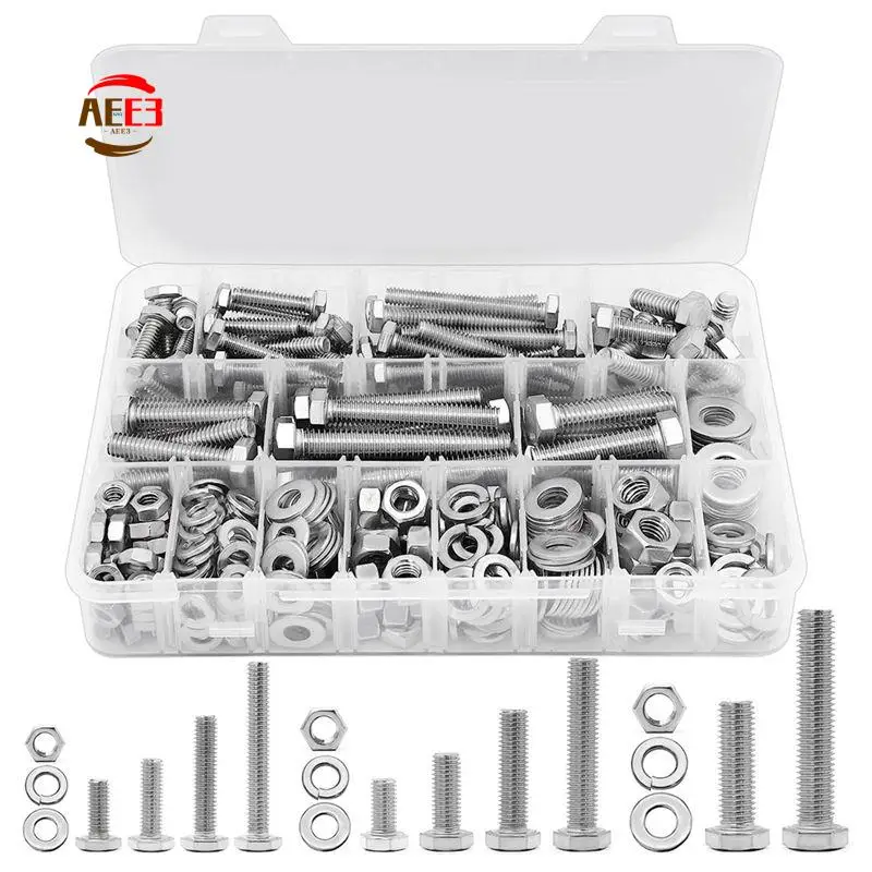 

AEE3-246PCS Ассортимент гаек и болтов с шестигранной головкой, комплект болтов и гаек 1/4-20, 5/16-18, 3/8-16