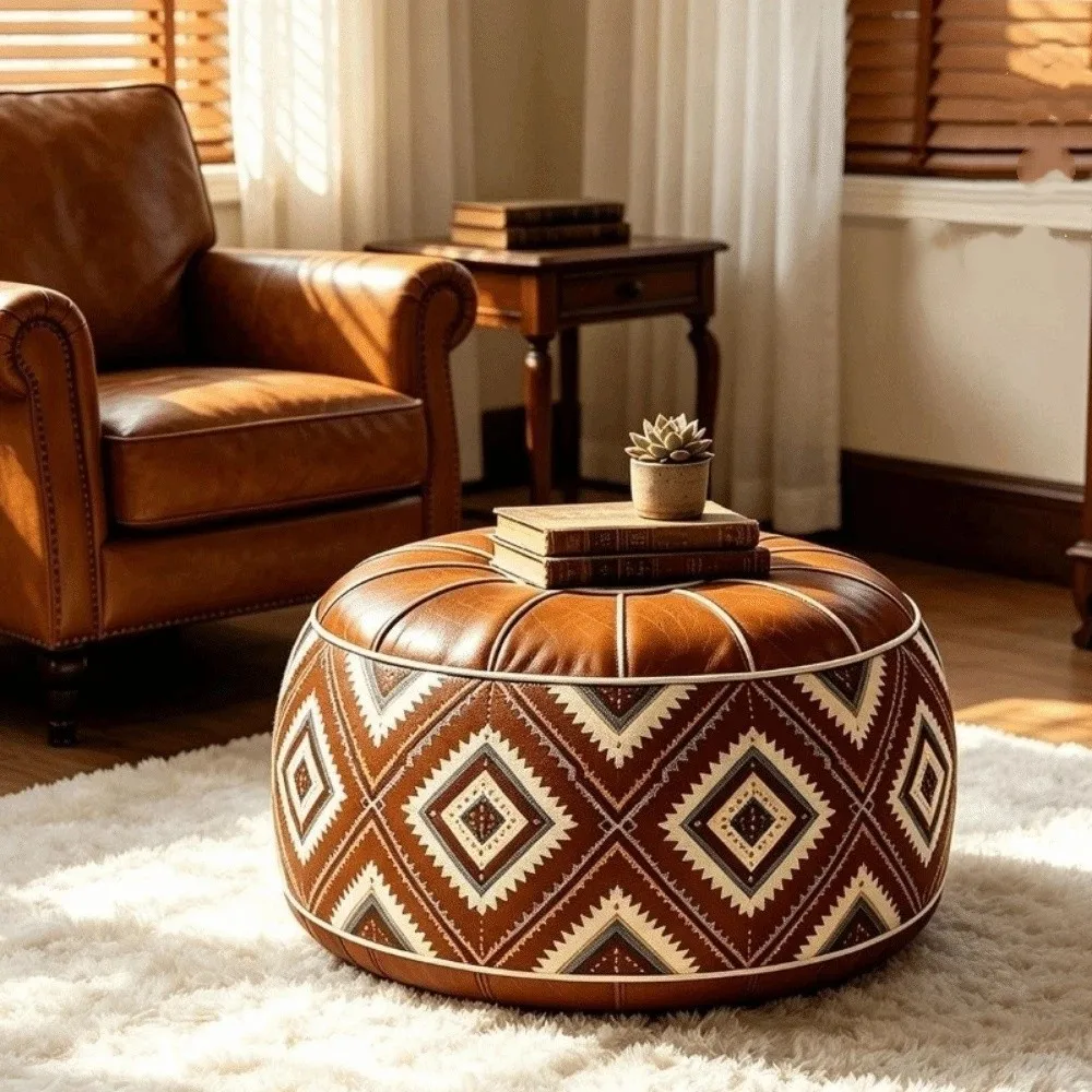 PU Leather Boho Style Seat Cushion Cover Fillable Design Unstuffed Round Footstool Cover Large Capacity Waterproof