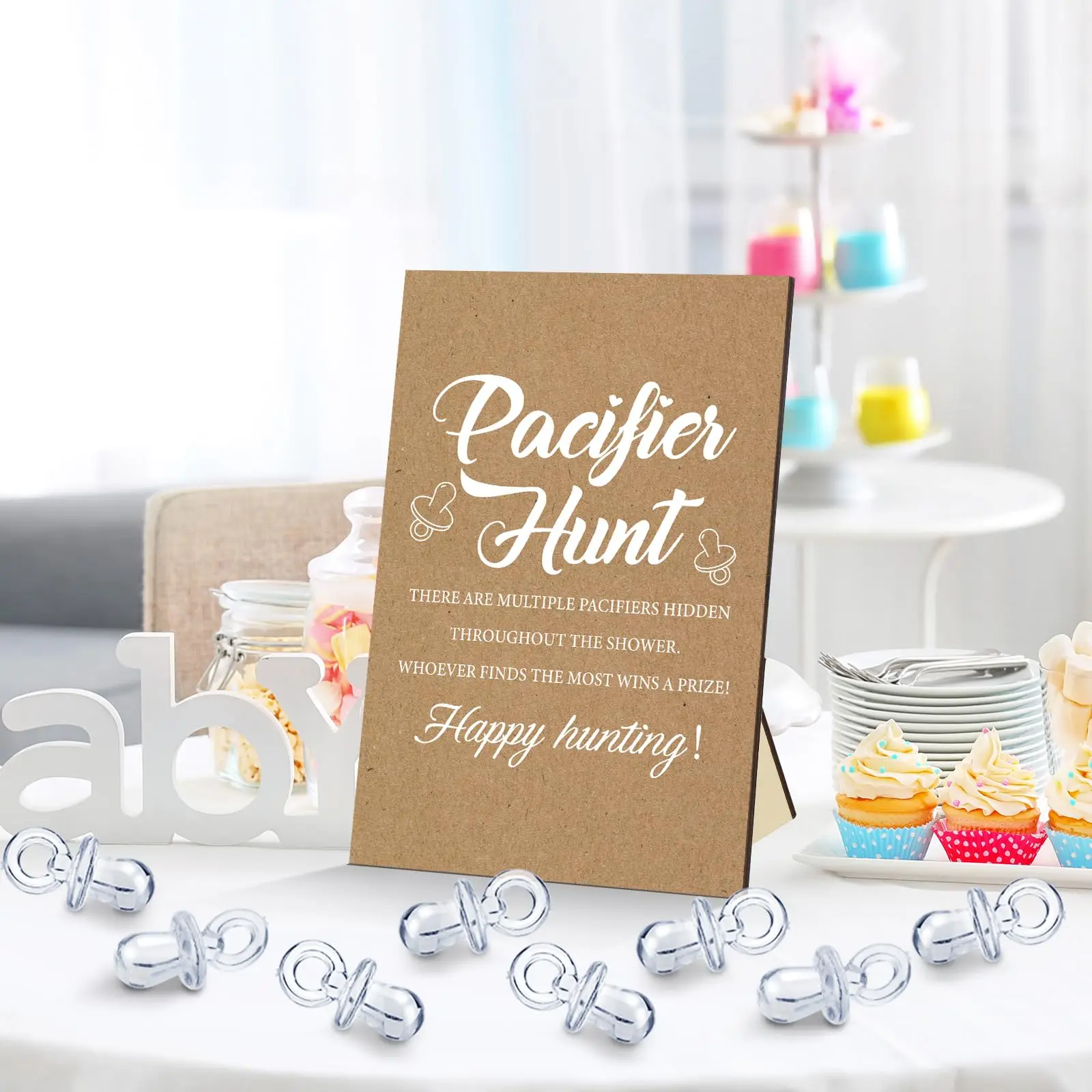 Baby Shower Games Include Pacifier Hunt Sign 50 Acrylic Pacifiers Mini Pacifiers for BabyShower Game Gift Sets for Gender Reveal