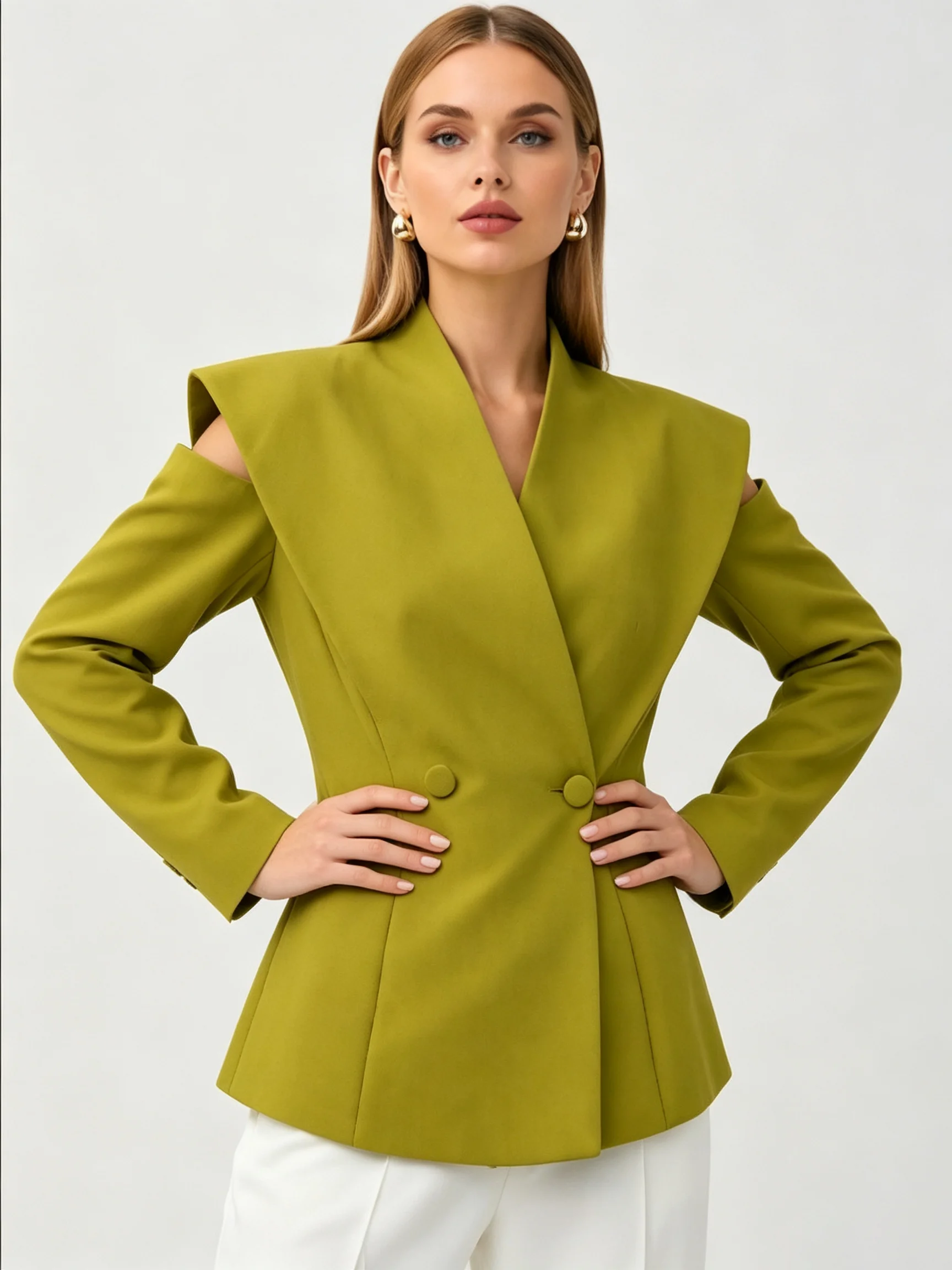 LIMO Asymmetric Lapel Cut Out Shoulder Blazer Double Breasted Slim Waist Structured Shoulder Elegant Women Formal Suit Jacket
