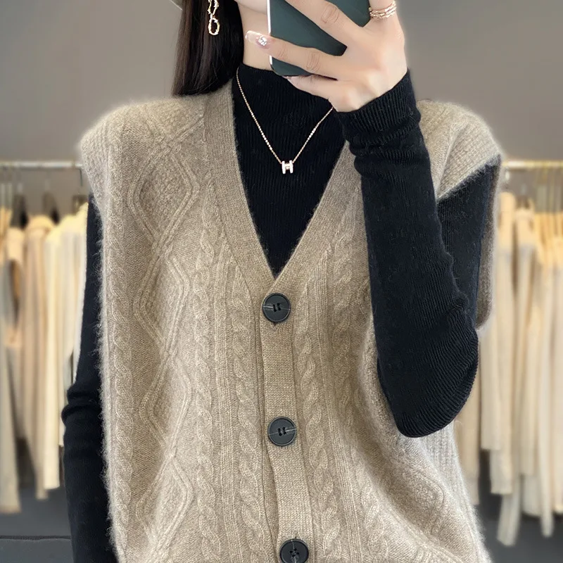 

Осень-зима утолщенный семиигольный шерстяной вязаный жилет женский кардиган свитер без рукавов жилет многослойная одежда вязаный модный