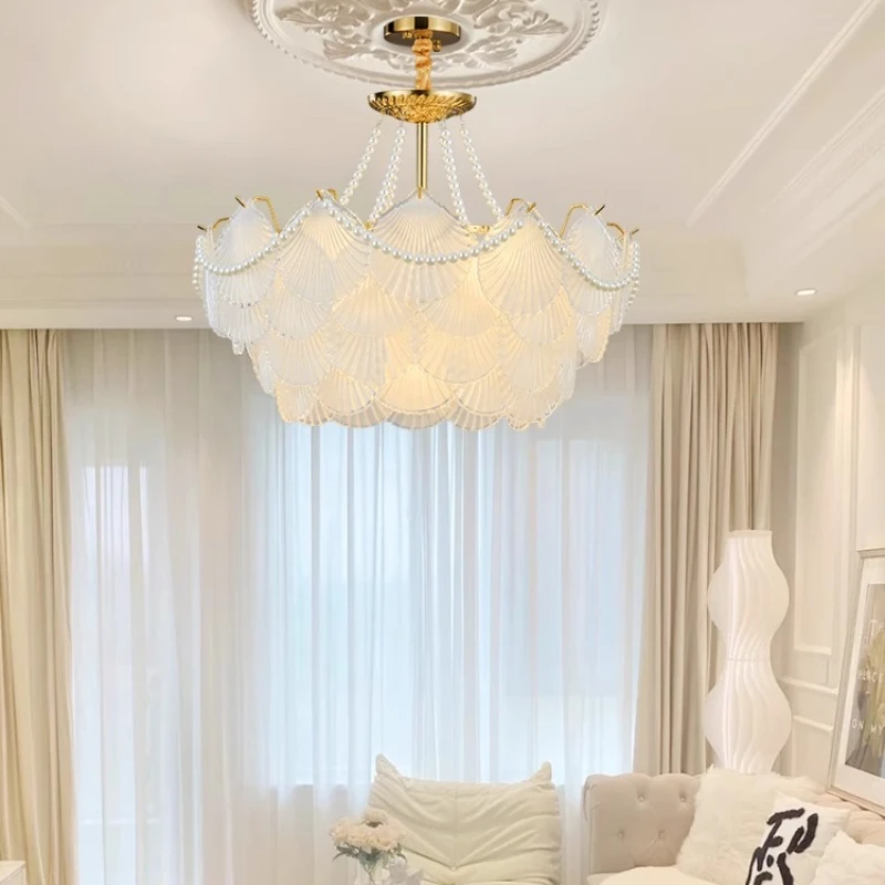 

French living room chandelier light luxury master bedroom light cream wind shell pearl crystal lamp 2025 new Internet celebrity