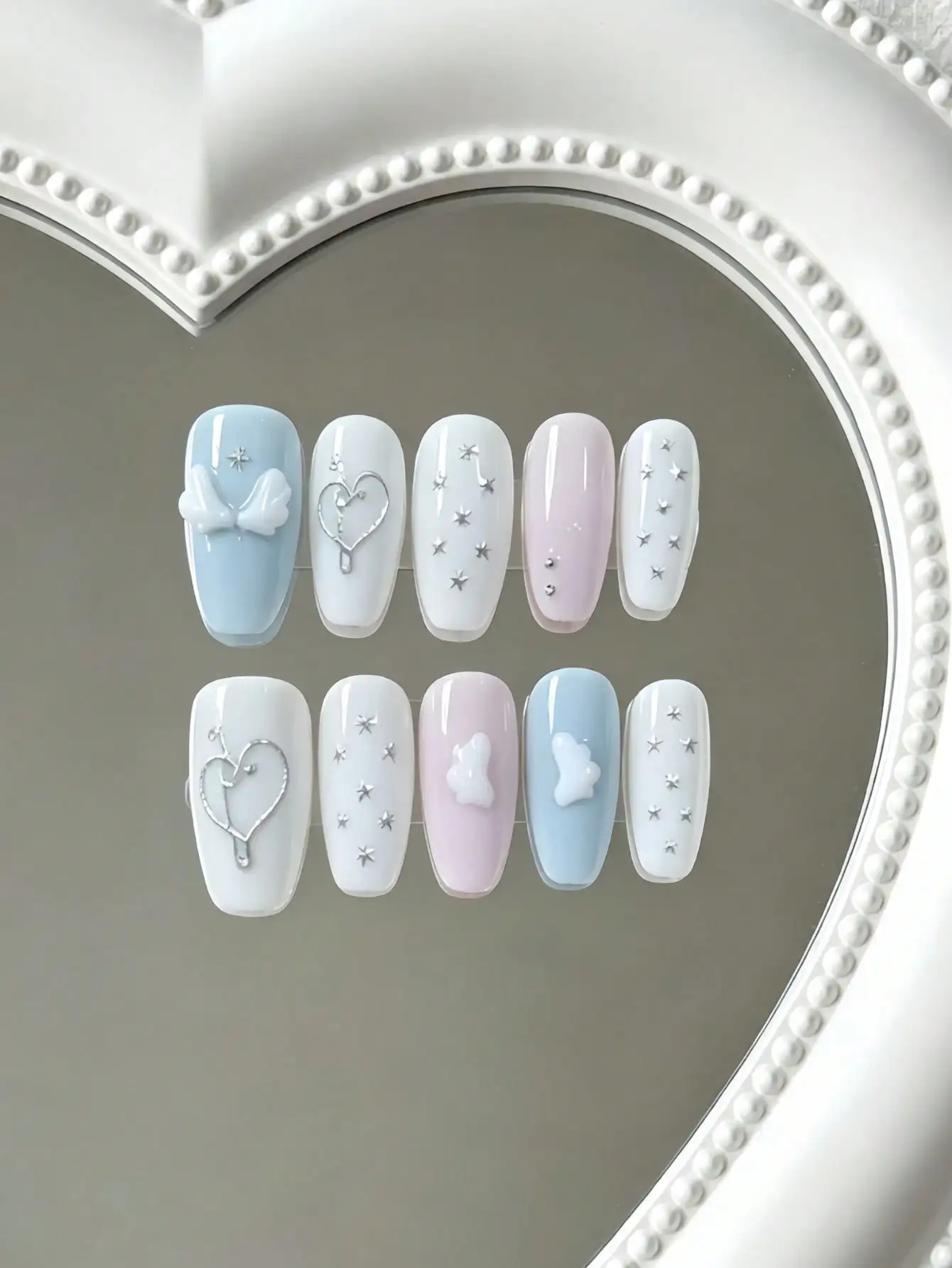 10 Pieces of Coffin-Shaped Wearable Nails, Featuring Blue, White, and Pink Colors with Hand-Painted Stars, Metallic Hearts, 3D Clouds, and Bow Decorations, in a Fresh Korean Style, Perfect for Girls, Summer Outings, and Everyday Energetic Looks, Comes with Jelly Glue and Nail File
