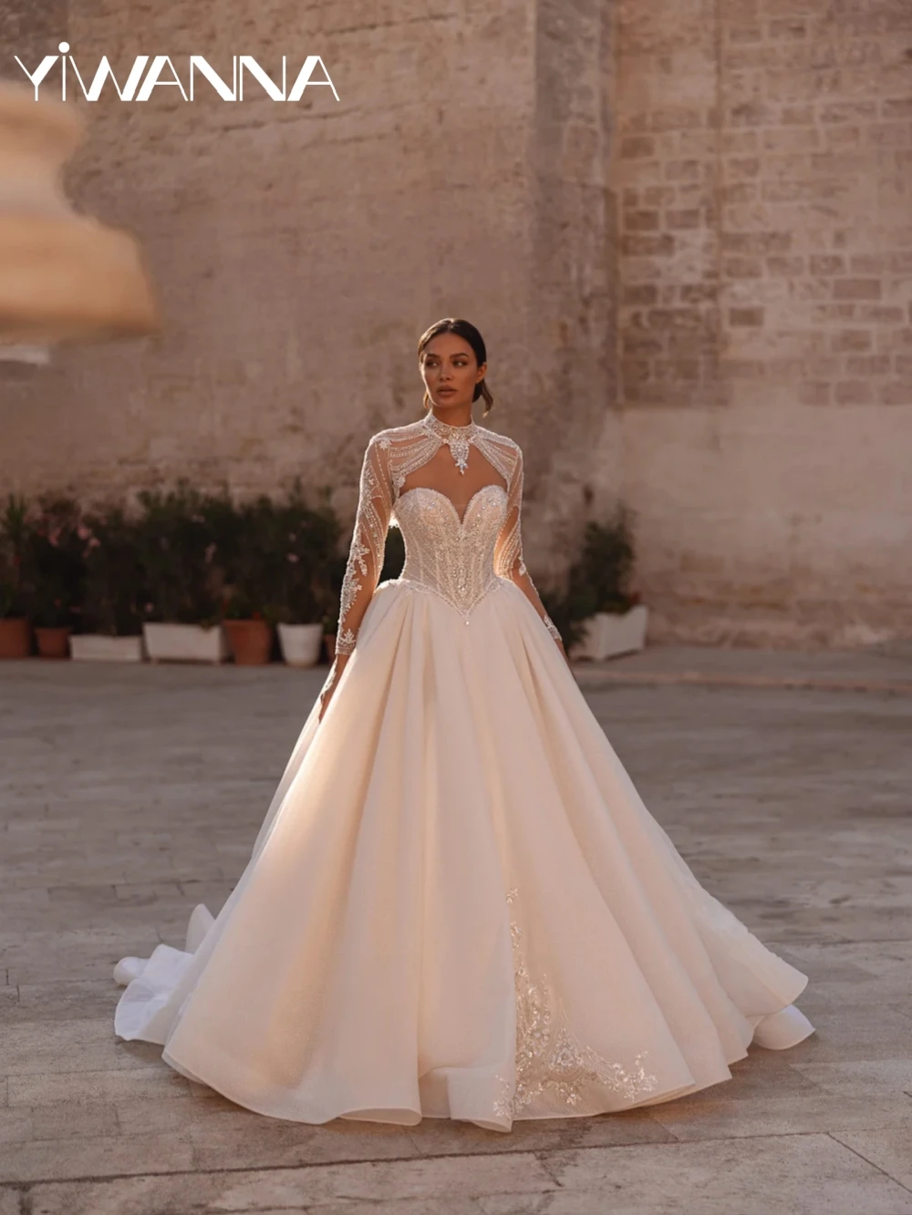 Detachable Sleeve Beaded A-line Long Wedding Dress Glitter Tulle Sweetheart Neck Bridal Gown Customized Ivory Dresses For Bride