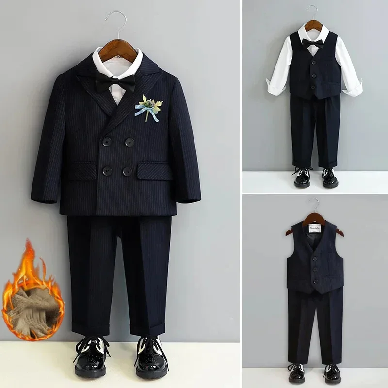 Boys Winter Formal Suits 4 To 12 Y Fleece Warm Kids Clothes British Striped Wedding Party Tuxedo Child Piano Performance Costume