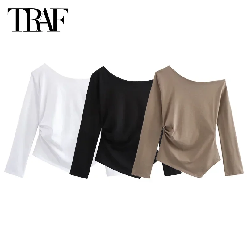 TRAF 2024 Women Top Asymmetrical Pleated Pullovers Autumn Elegant Ladies Khaki Tops Fashion Casual Long Sleeve White Black Tops