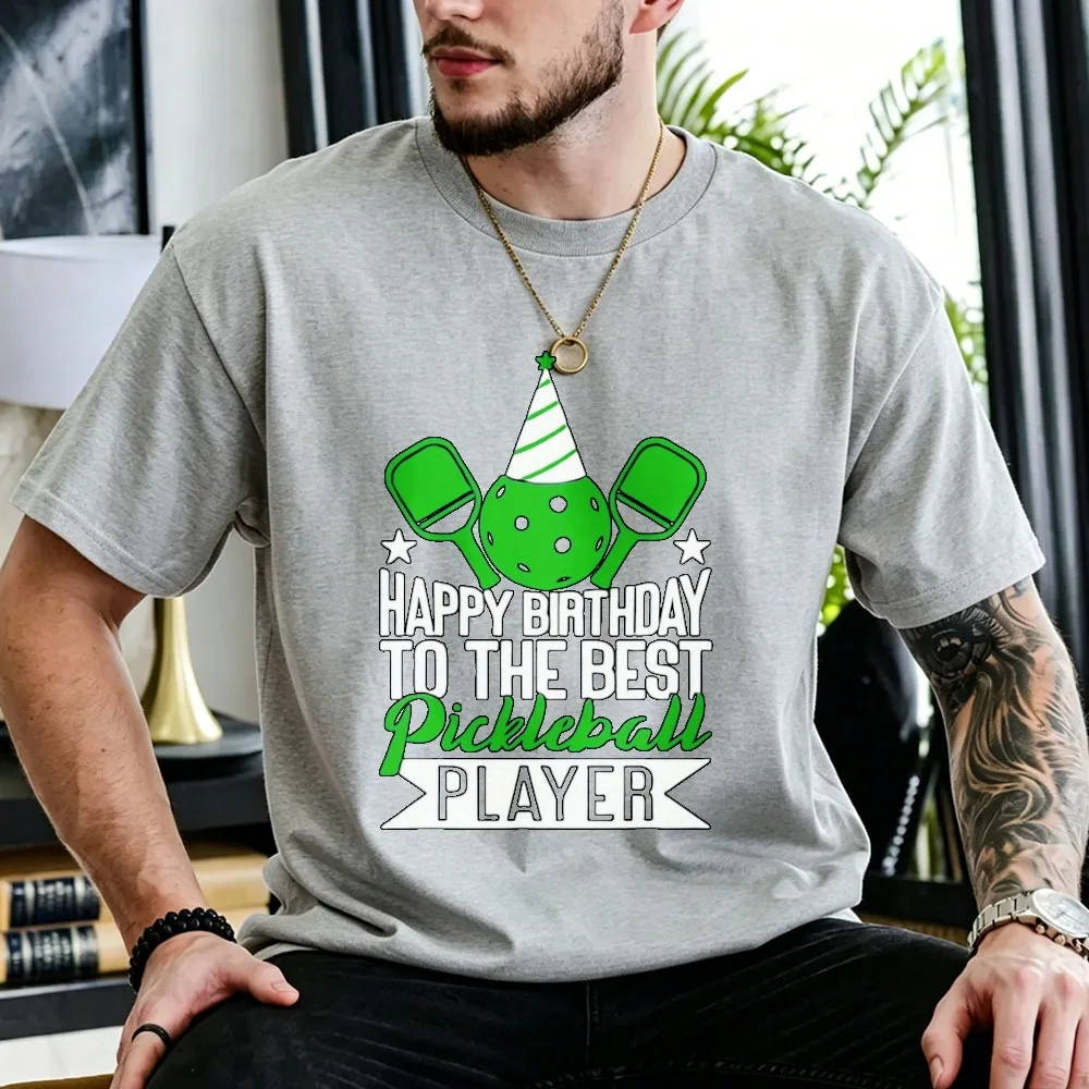 Men's Pickleball Peak Ball Birthday Wishes Pattern Summer Casual Round Neck Short T-Shirt Y2k Top Gothic High Quality Cotton