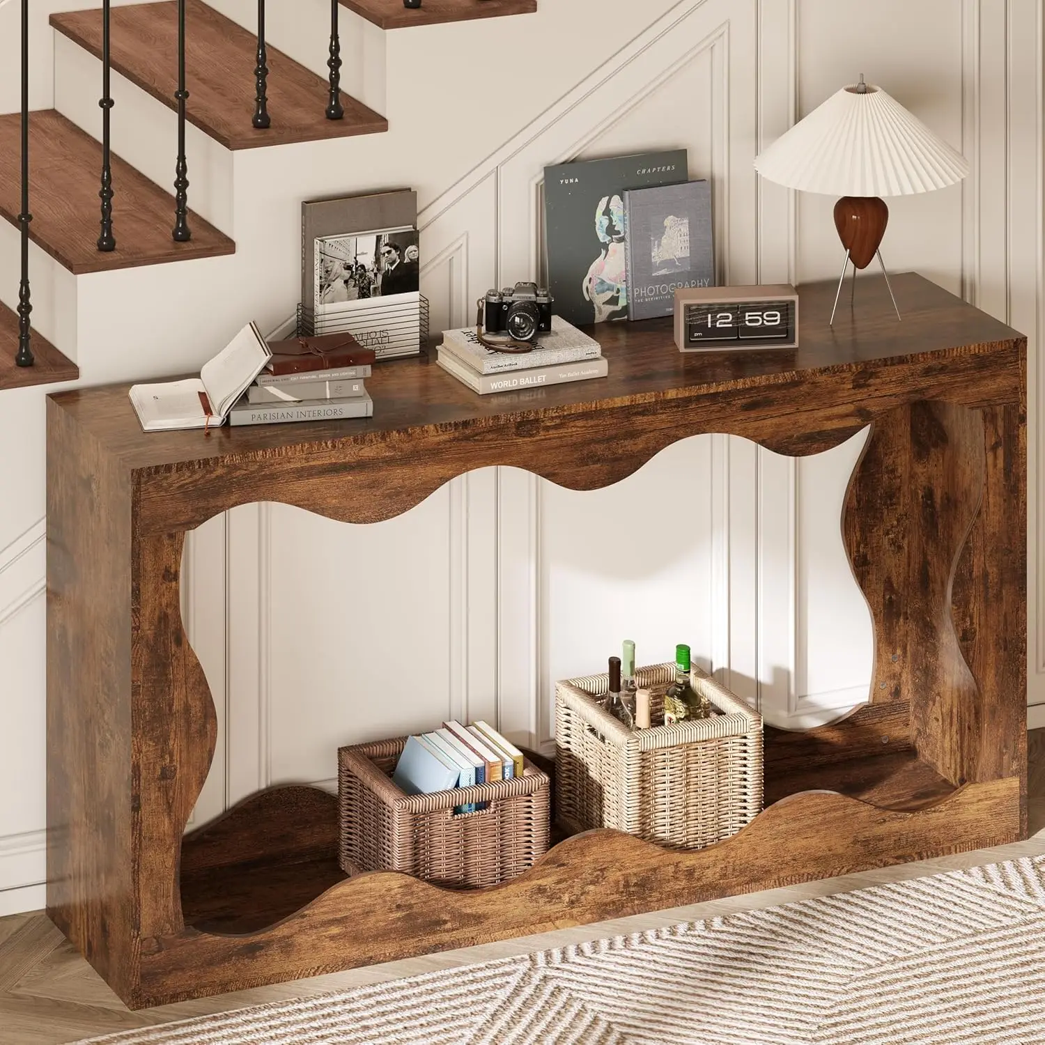 

63in Narrow Console Table Wooden Curvilinear Sofa Entryway Hallway Living Room Rustic Brown, Customized
