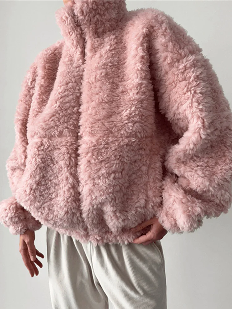

Female Autumn Winter Chic Casual Coats Solid Stand Neck Lamb Fleece Coats Women Fuzzy Cropped Zipper Loose Cozy Teddy Jacket