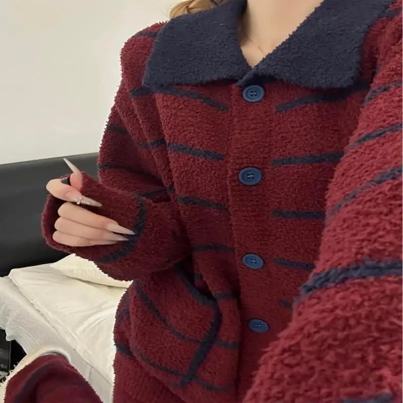 

Women's Pajama Set Comfortable Sleepwear Retro Stripe Color Block Flannel Pajamas Women Autumn Winter Thick Warm Homewear Set