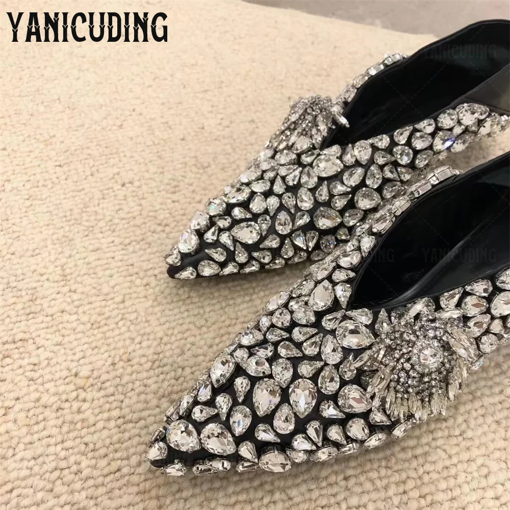 Rhinestone Tassel Flats Black Leather Pointed Toe Shoes Designer Style Luxury Shoes Slip on Soft Leather Shining Flats for Women