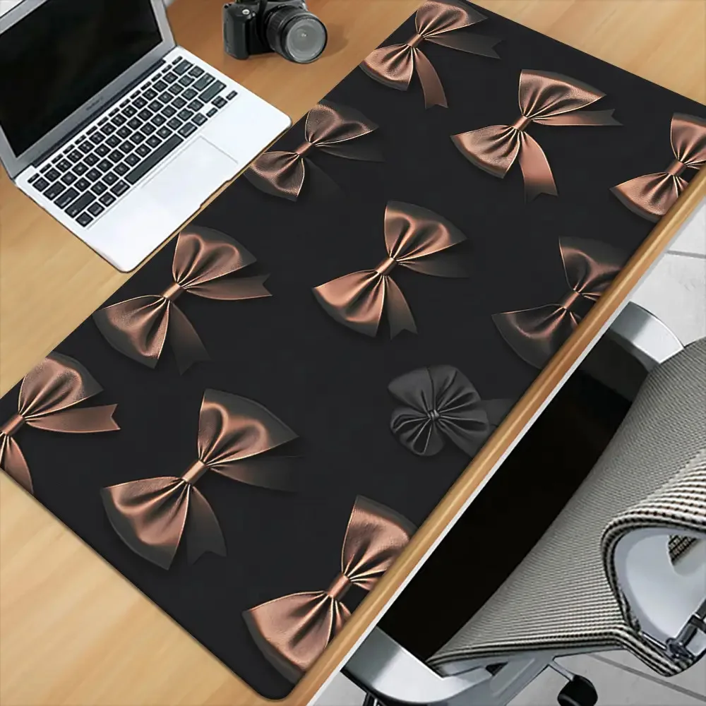 Elegant Bronze Bow Design Extra Large Desk Mat Durable Rubber Gaming Keyboard Mouse Pad for Office Home