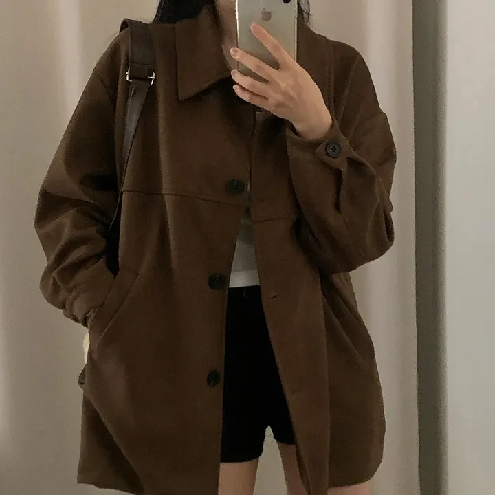 

Chic Autumnal Vintage Design Loose Straight Cut Deer Skin Velvet Women's Coat Casual Versatile Cotton Long Sve ort Coat