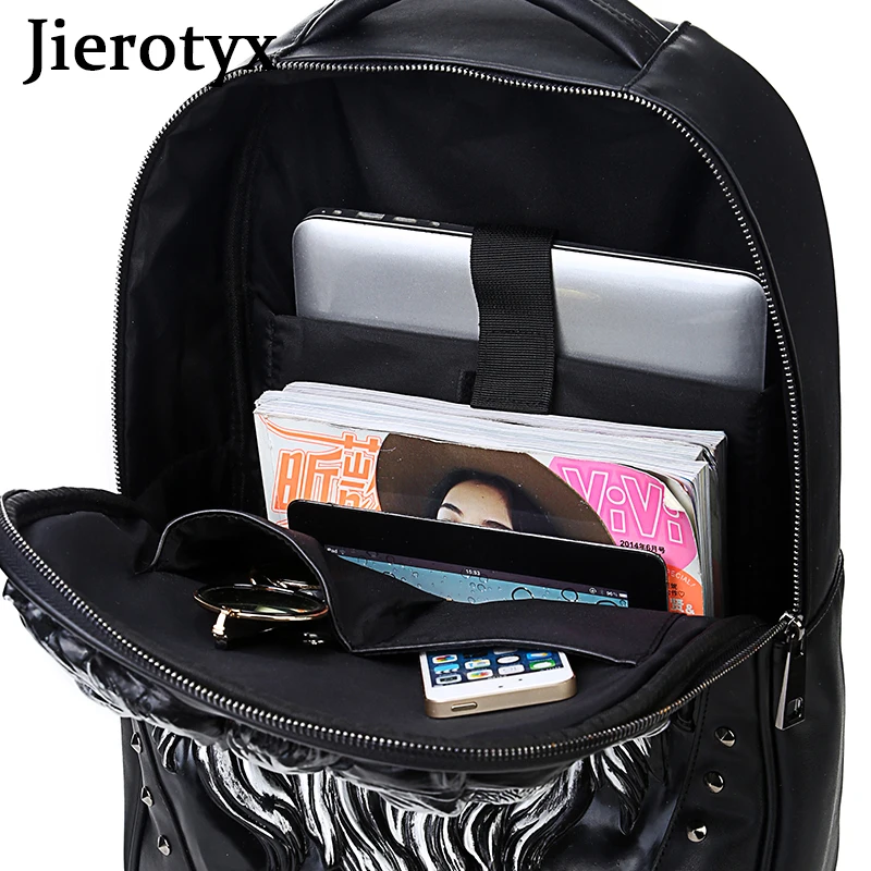 JIEROTYX Personalized 3D Lion Studded Womens Laptop Backpack School Bags PU Leather Water Resistant College Computer Bag Travel